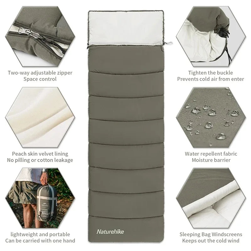 Envelope Sleeping Bag, Cotton Material, Portable Hooded Design, Single Splicable, Outdoor Camping for Adults, Luxury Quality, Wholesale Options Available